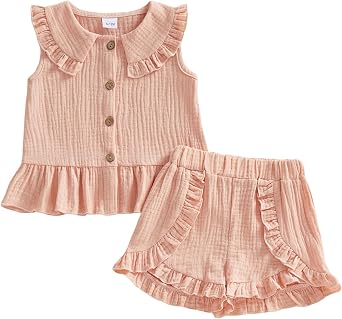 Hnyenmcko Toddler Baby Girl Summer Outfits Pleated Doll Collar Sleeveless Ruffle Top + Elastic Waist Shorts Set 6M-5T
