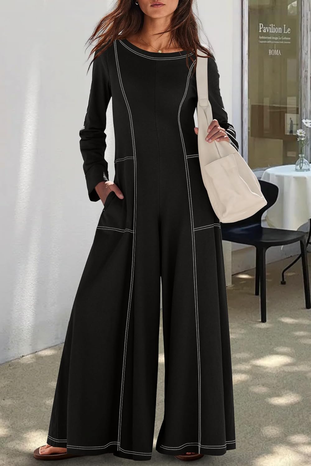 Yanekop Womens Long Sleeve Jumpsuit Casual Loose Fit Overalls Wide Leg Jumpsuits One Piece Outfits with Pockets - Image 2