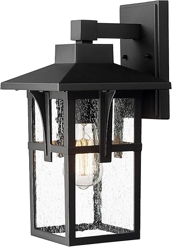 zeyu ZX1B BK - Lámpara de pared exterior para porche delantero, aluminio fundido a presión con vidrio sembrado, acabado negro, ZX1B BK