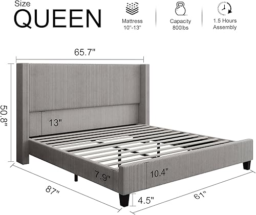 Miniatura 2 de HOWE Marco de cama tapizado tamaño Queen, cama con respaldo de alas con cabecera de 50.8 pulgadas, pana/patas de madera maciza/no necesita somier,