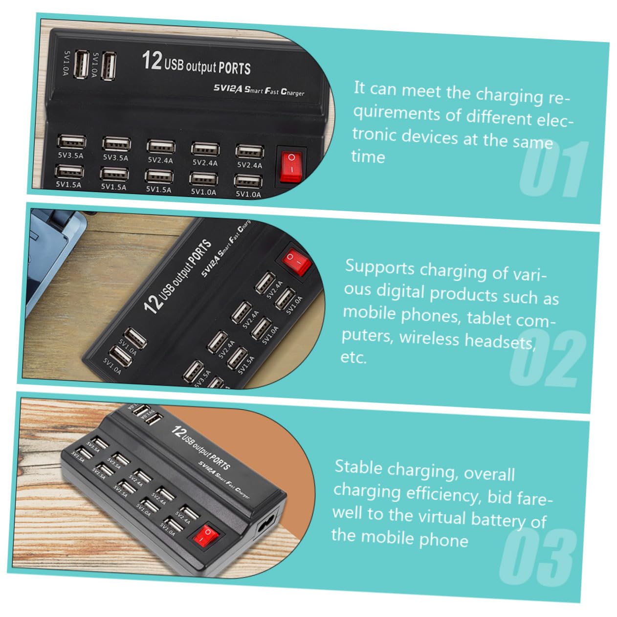 Homoyoyo Estación de Carga USB Inteligente de con Cable Europeo Cargador Múltiple para Móviles y Dispositivos Base de Enchufes Múltiples para Hogar y Oficina