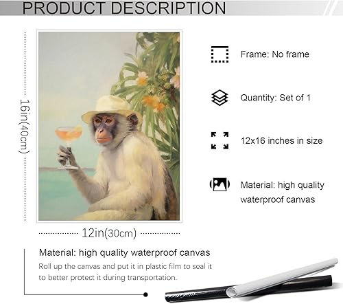Miniatura 6 de Yuaruo Funky Monkey - Lienzo decorativo para pared, póster estético retro para sala de carrito de bar, lindo estampado de pintura de animales, lindo