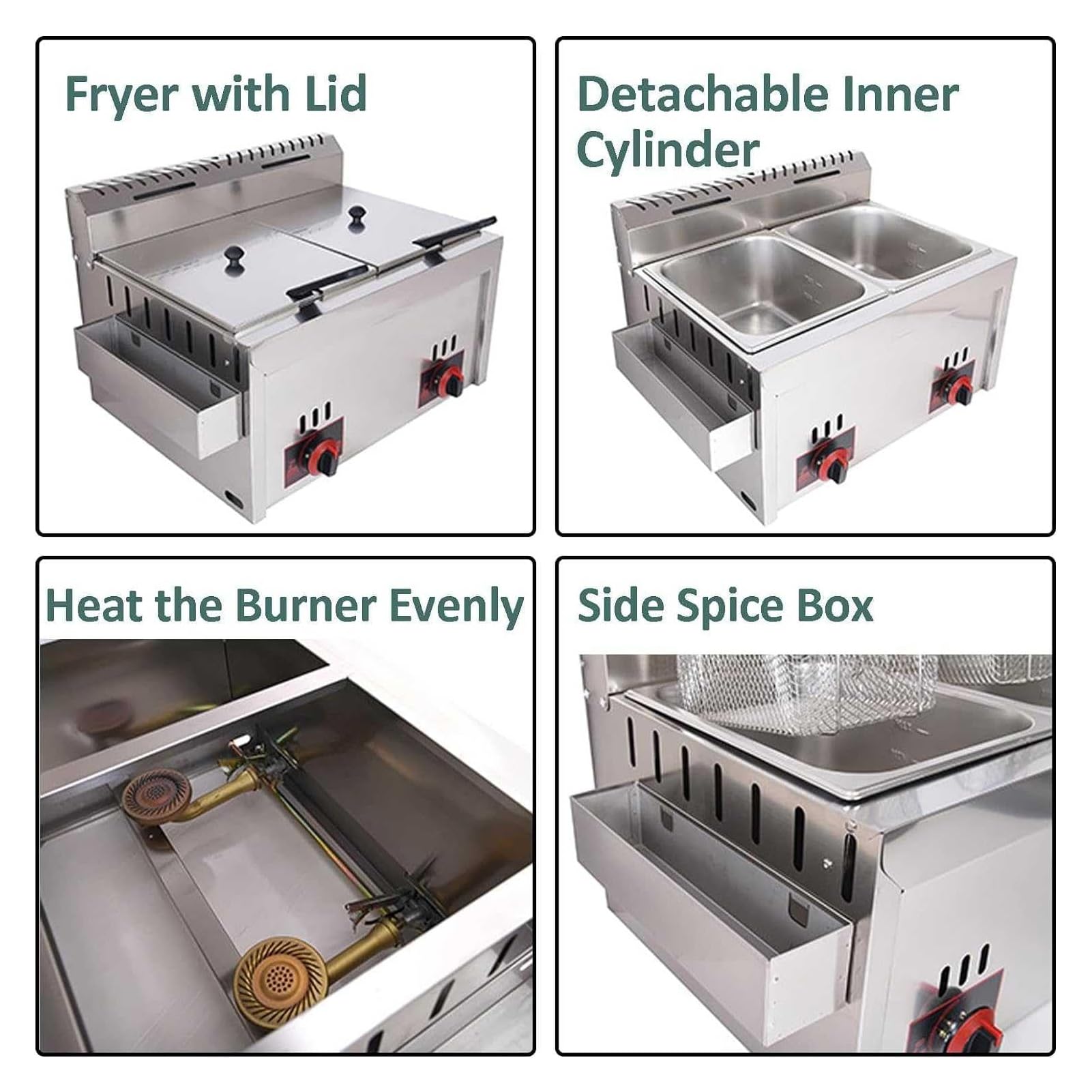 Freidora de gas de gran capacidad, Frezadora de acero inoxidable Freidora de fuego comercial Firado ajustable Firil Firing Ideal para papas fritas, rosquillas, pescado incluye cestas y párpados