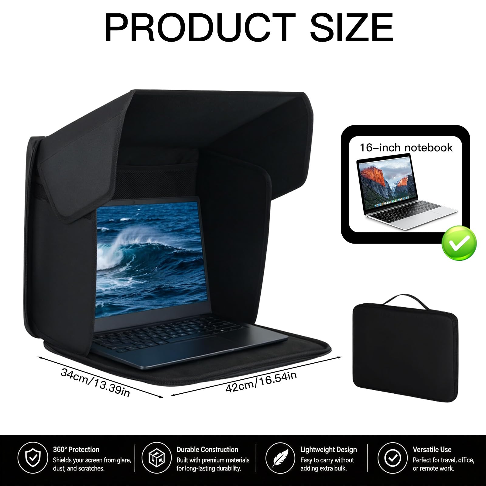 Parasole per laptop da 16 pollici, parasole portatile e tasca per laptop 2 in 1, efficace antiriflesso e privacy, leggero e robusto, per lavoro e viaggi, protezione solare universale per laptop (nero