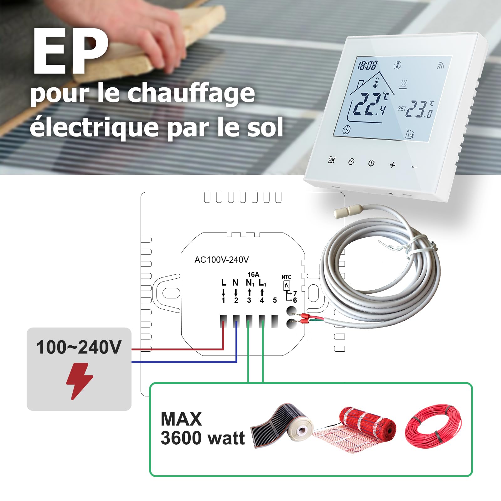 Beok Thermostat Connecté WiFi pour Chauffage au Sol Électrique,Thermostat d'Ambiance Intelligent Thermostats Programmable avec Capteur Externe Compatible Alexa Google Home 16A,Blanc