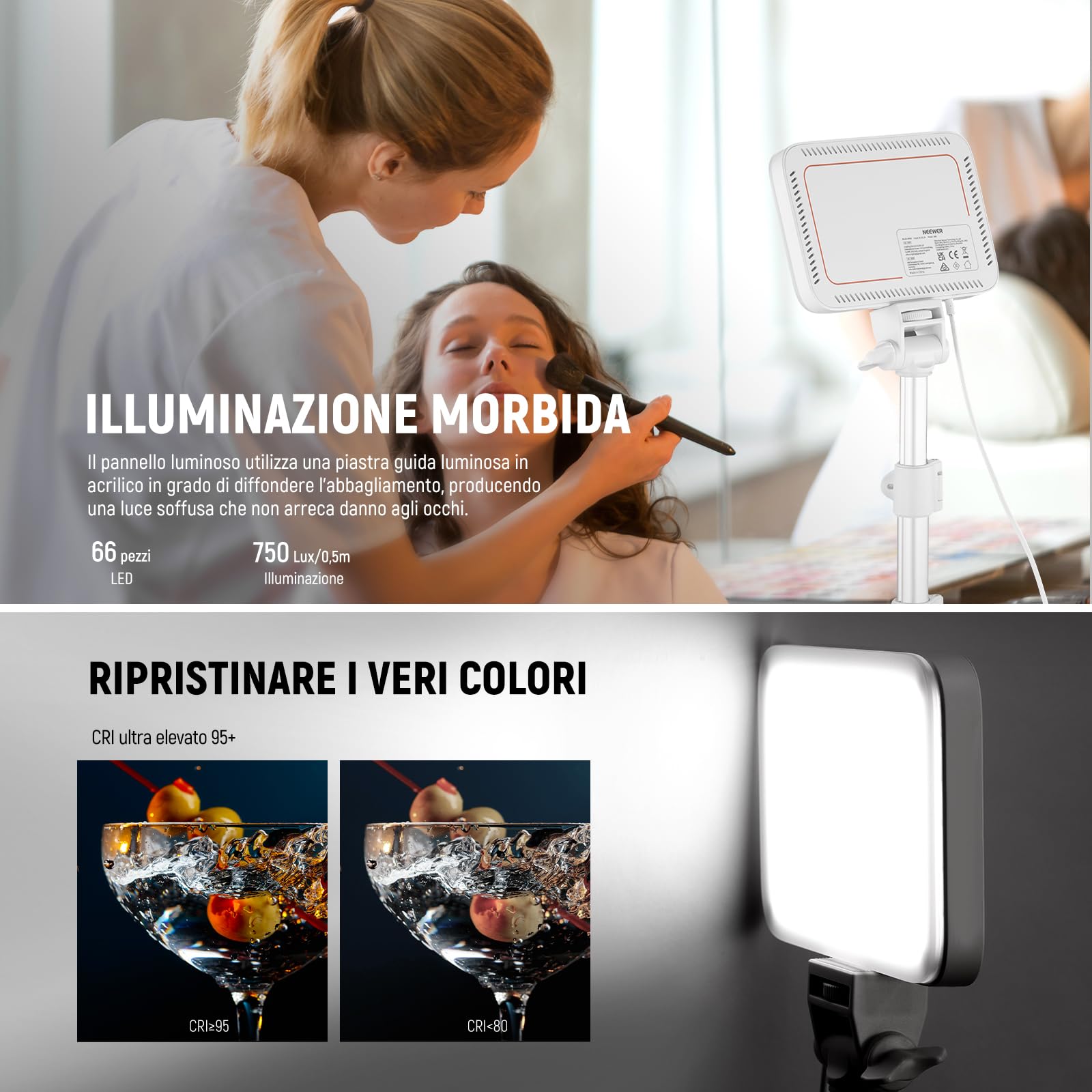 NEEWER BASICS Kit Luce Video a Pannello LED, 2pz Luci Fotografiche da Studio Portatile Dimmerabile Bicolore con Stativo e Filtro, 3200K-5600K CRI 95 750lux per Foto Video Streaming Live, Bianco, BP66
