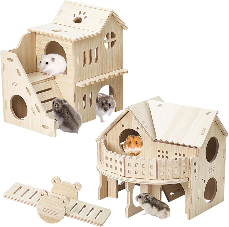 Casa de madeira para hamster BNOSDM com varanda, escorregador e gangorra XH119-3C