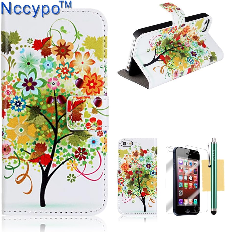 iPhone 5 Case, iPhone 5S Case, Nccypo Fashion Folio Leather Wallet Slim Protective iPhone 5/5S/5G Shell Cover For Apple iPhone 5/5S/5G[Colorful Tree Pattern] with Stylus, Screen Protector and Cleaning Cloth