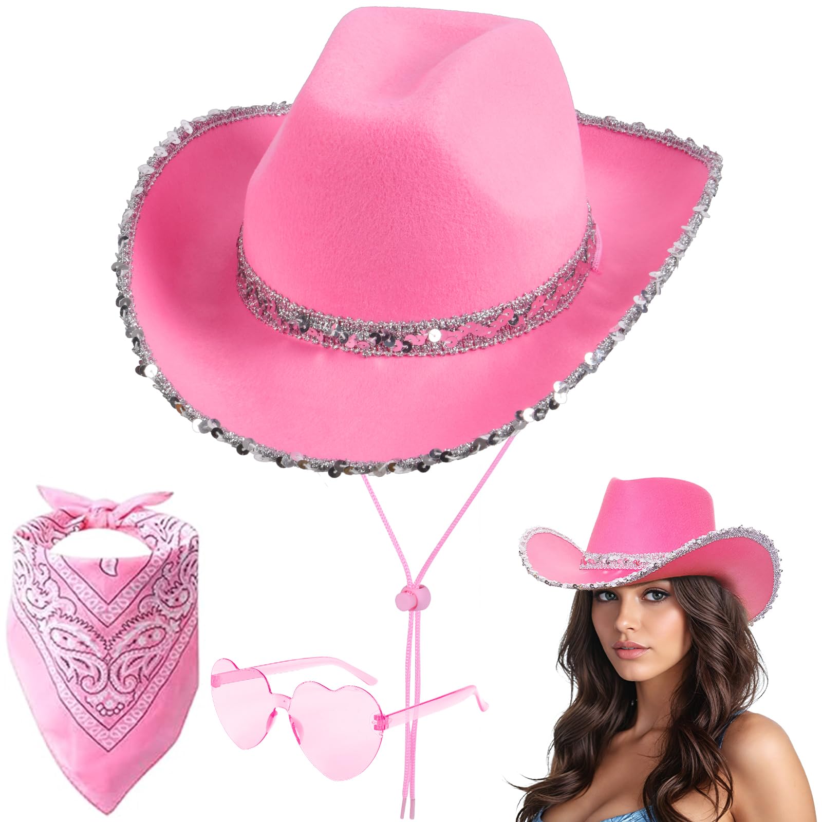 Aomig 3Pcs Cowboy Hat Fancy Dress Accessory, Cowboy Costume Set with Paisley Bandanna and Glasses, Western Cowboy Fancy Dress Costume for Birthday Halloween, Bachelorette, Bachelor Party Cosplay