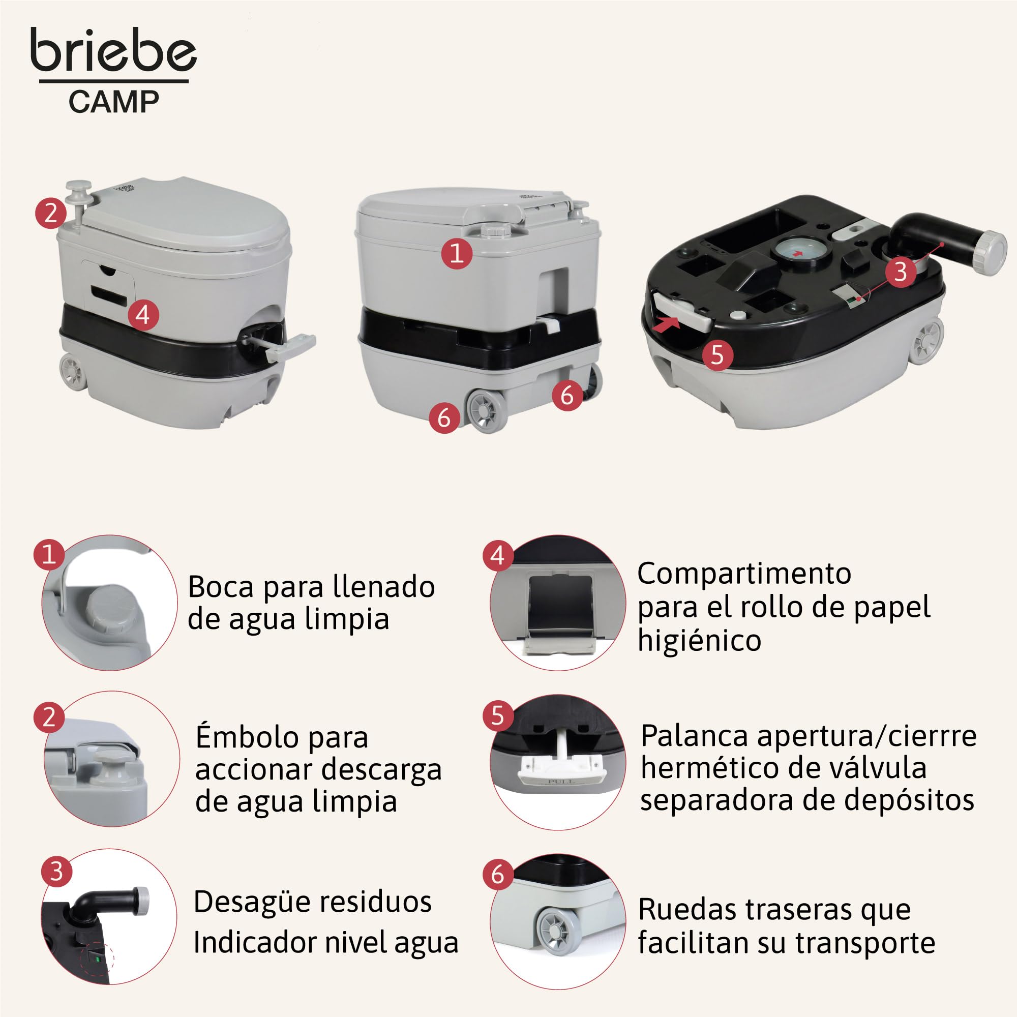 briebe Camp WC Inodoro Portátil Químico con Ruedas Adultos Potty 24L Camping, Camper, Auto Caravana, Water con Cisterna Descarga Agua 20L, Válvula Drenaje sin Fugas, Fácil Limpiar y Vaciar WC1196G
