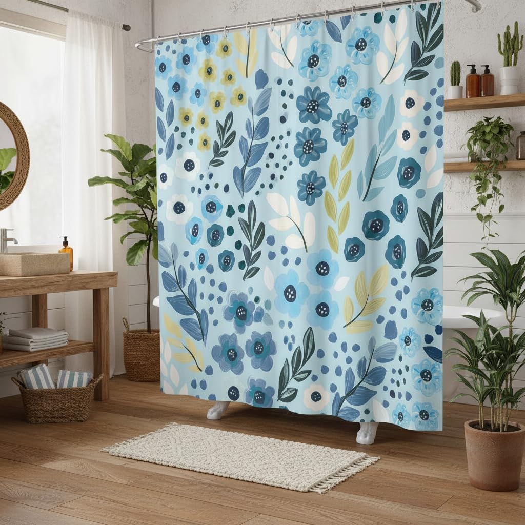DYNH Cute Blue Floral Shower Curtain for Bathroom Decor, Boho Abstract Flower Leaves Wildflower Art Printed Vintage Cottagecore Elegant Waterproof Fabric Polyester Shower Curtains with Hooks,72X75IN