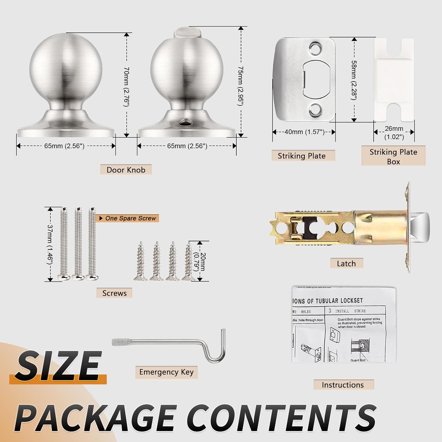 Probrico Brushed Nickel Door Knob Without Key Privacy Door Knob Bedroom/Bathroom Door Knobs Interior Keyless Door Knobs 3 Pack