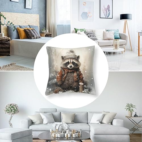 Miniatura 5 de HighonHi Fundas de almohada decorativas de 26 x 26 pulgadas, lindas fundas de cojín de satén de dibujos animados de mapache de Navidad, nieve e