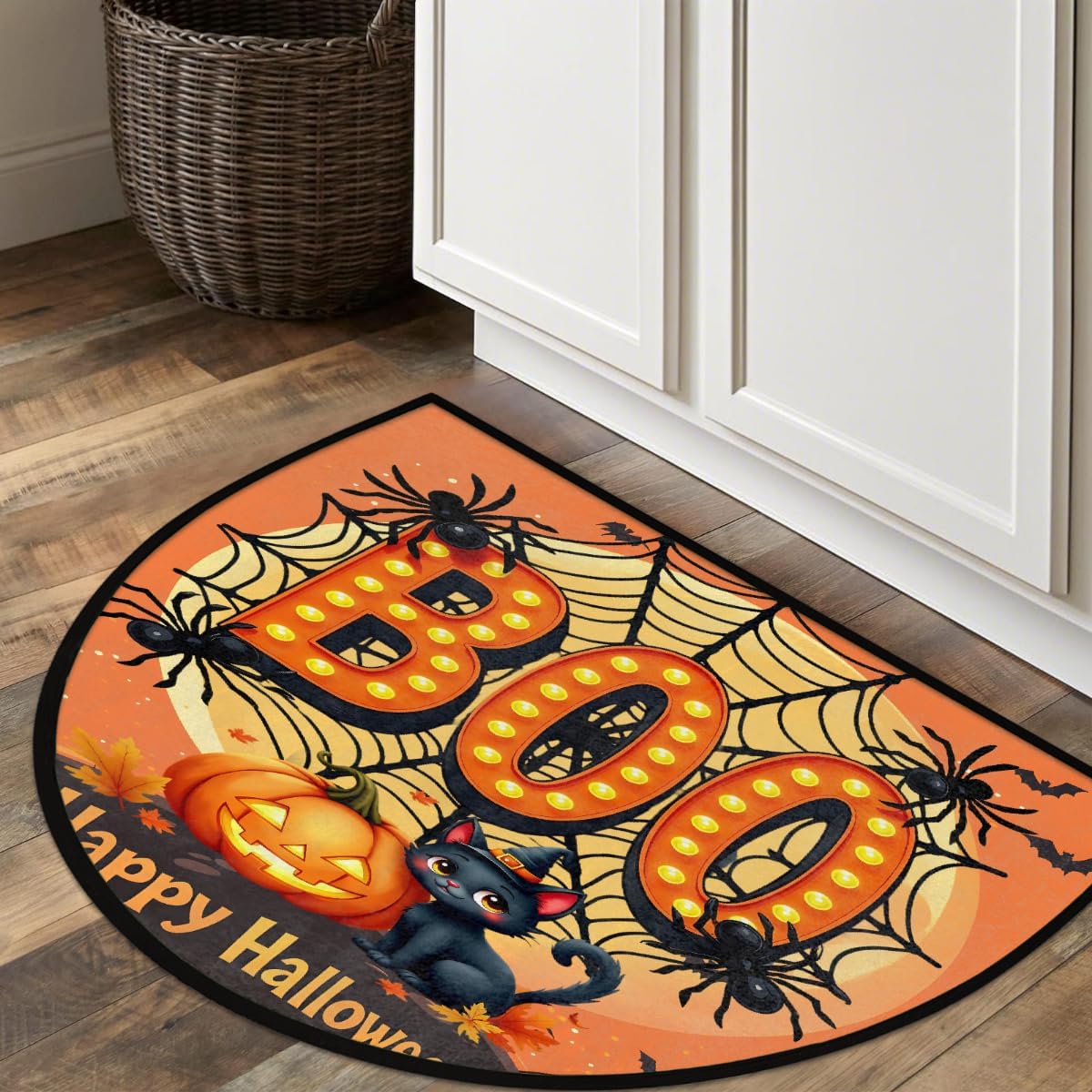 Halloween Black Cat Pumpkin Boo Half Round Doormat Washable Semi Circle Rug Non Slip Half Moon Rug Floor Mat for Indoor Outdoor Bathroom Kitchen Fireplace Entryway Bath Holiday Decor