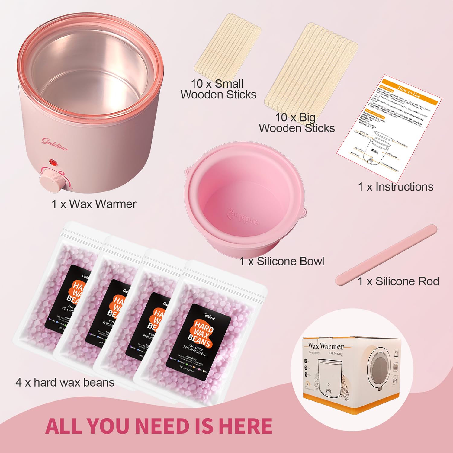 Galdino Kit per ceretta da donna, kit di cera per depilazione, kit di ceretta per il corpo a casa con 4 sacchetti di fagioli, per sopracciglia, labbra, viso, braccia, gambe, ascelle, bikini, schiena