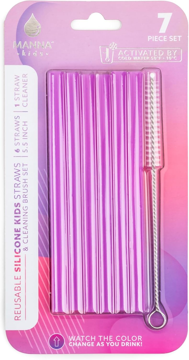 Manna Color Changing Reusable Silicone Kids Straws - 6 Straws with Straw Cleaner