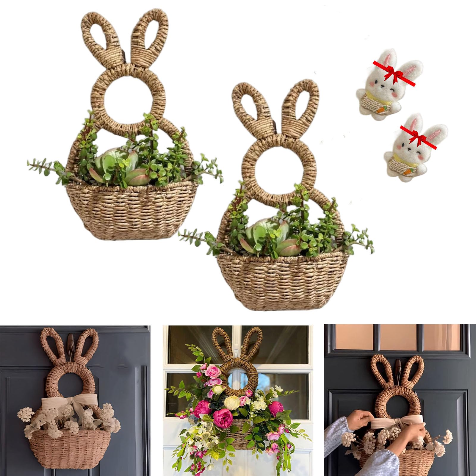 Panier en osier à suspendre avec poche murale déco lapin de Pâques