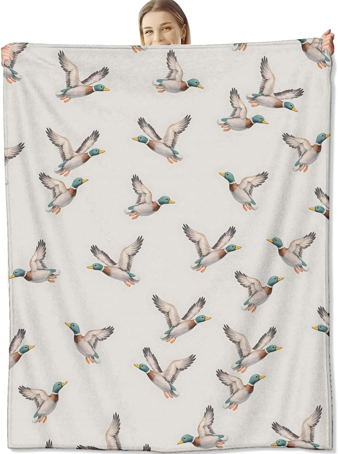 Duck Blanket for Wildlife and Nature Lovers, Watercolor Mallard Bird Flannel Blankets, Flying Gifts, Beige Soft Warm Cozy Throws for Sofa Couch Bed Living Room Bedroom Home Decor 60" x 50"