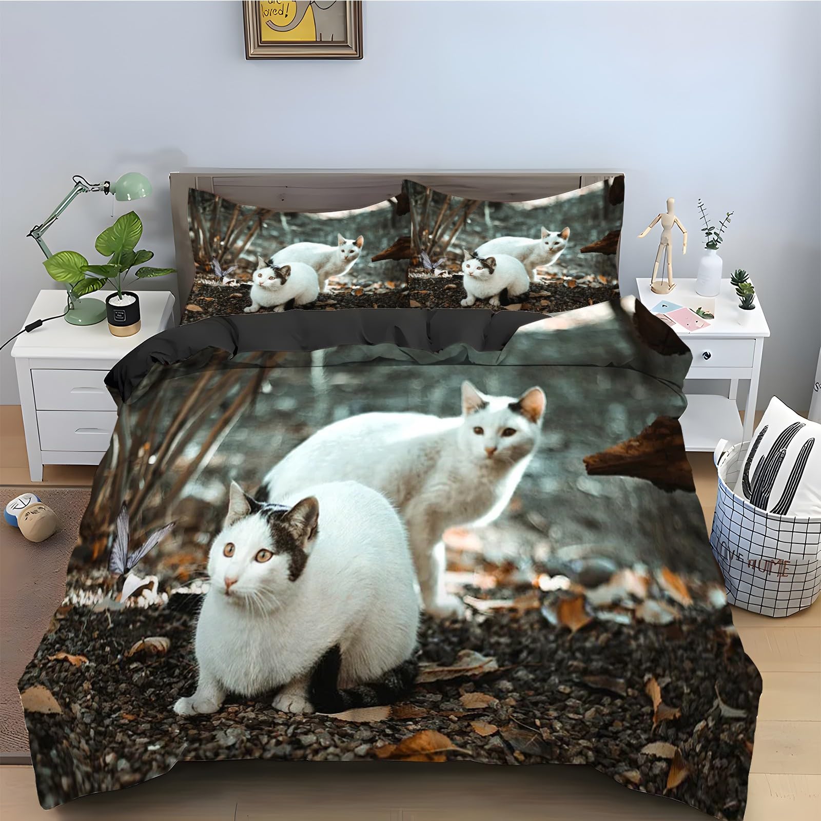 Housse de couette 200x200 chat blanc avec ses 2 taies d'oreiller