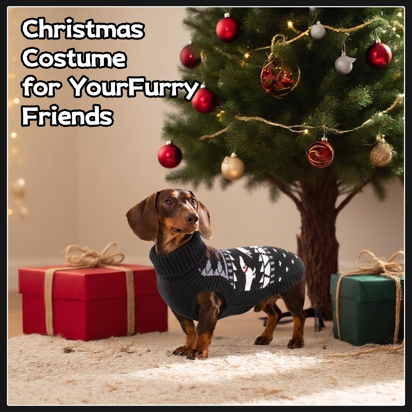 Pull à col roulé pour chien mignon avec motif teckel - Pull en polaire douce à col roulé pour petits chiens - Cadeau d'automne et d'hiver - Noir - Taille XL