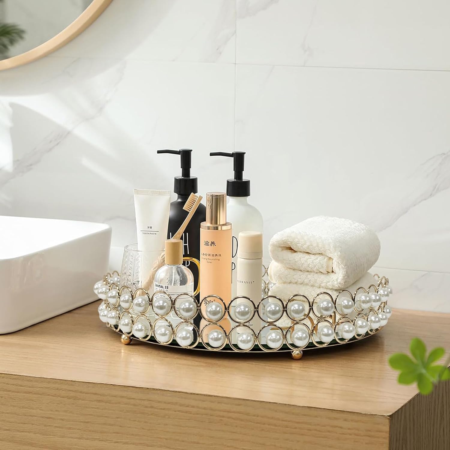 Gold Round Bathroom Perfume Tray Countertop Vanity Organizer,Coffee Tray for Coffee Table,Dresser Decor with Mirror (Gold, 11.8in)