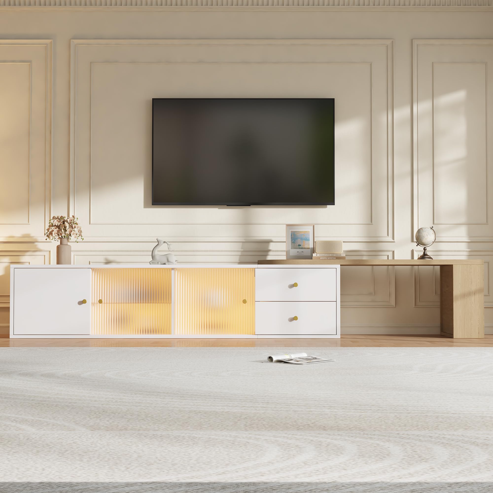 Mobile TV estensibile, 175 cm, con LED e vano portaoggetti, mobile basso per TV