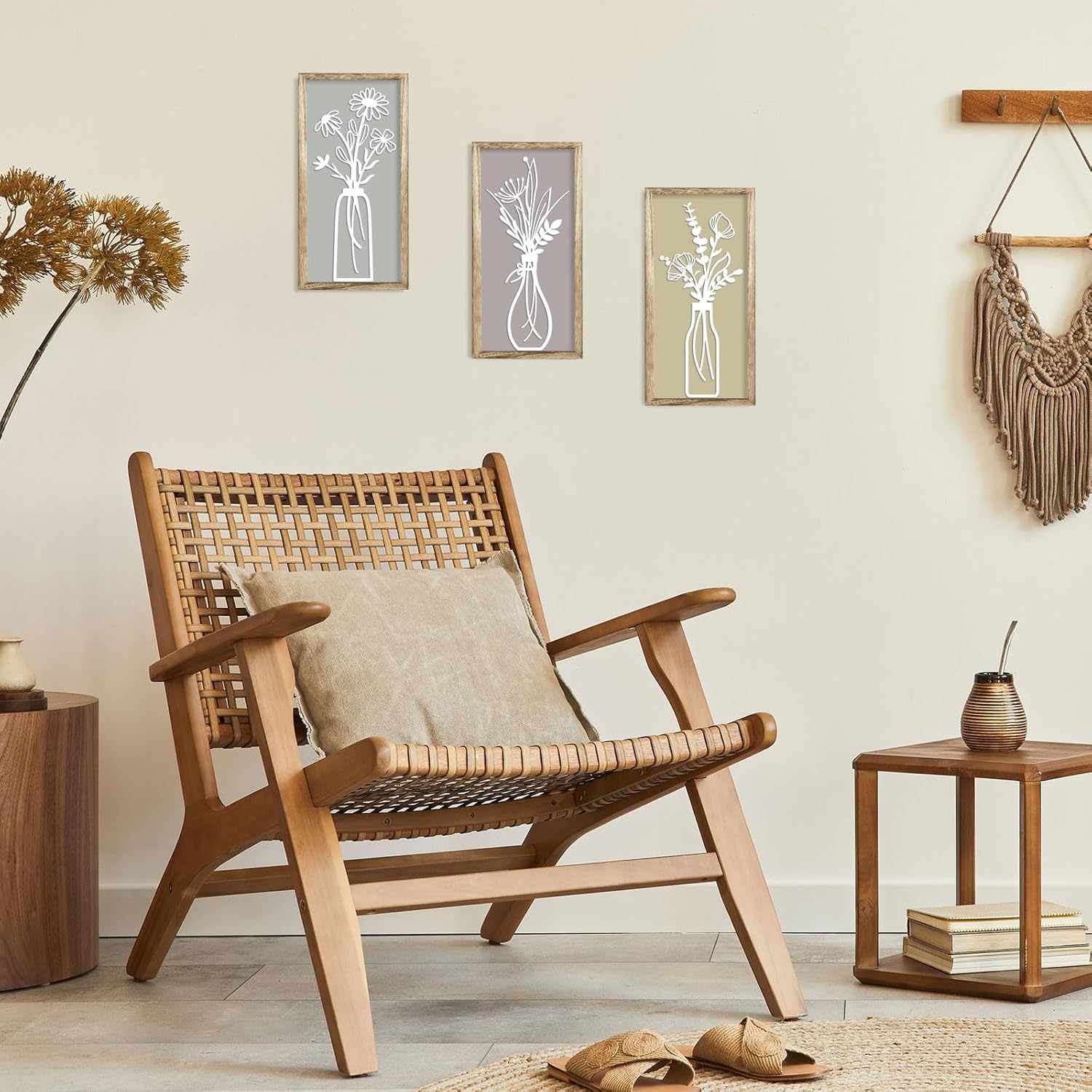 Pigort 3 Pieces Wooden Framed Floral Wall Arts - Farmhouse Flower Wall Art Natural Themed Home Wall Decors for Living Room Bedroom Dining Room Office 7.8x15.7 Inch (Retro)