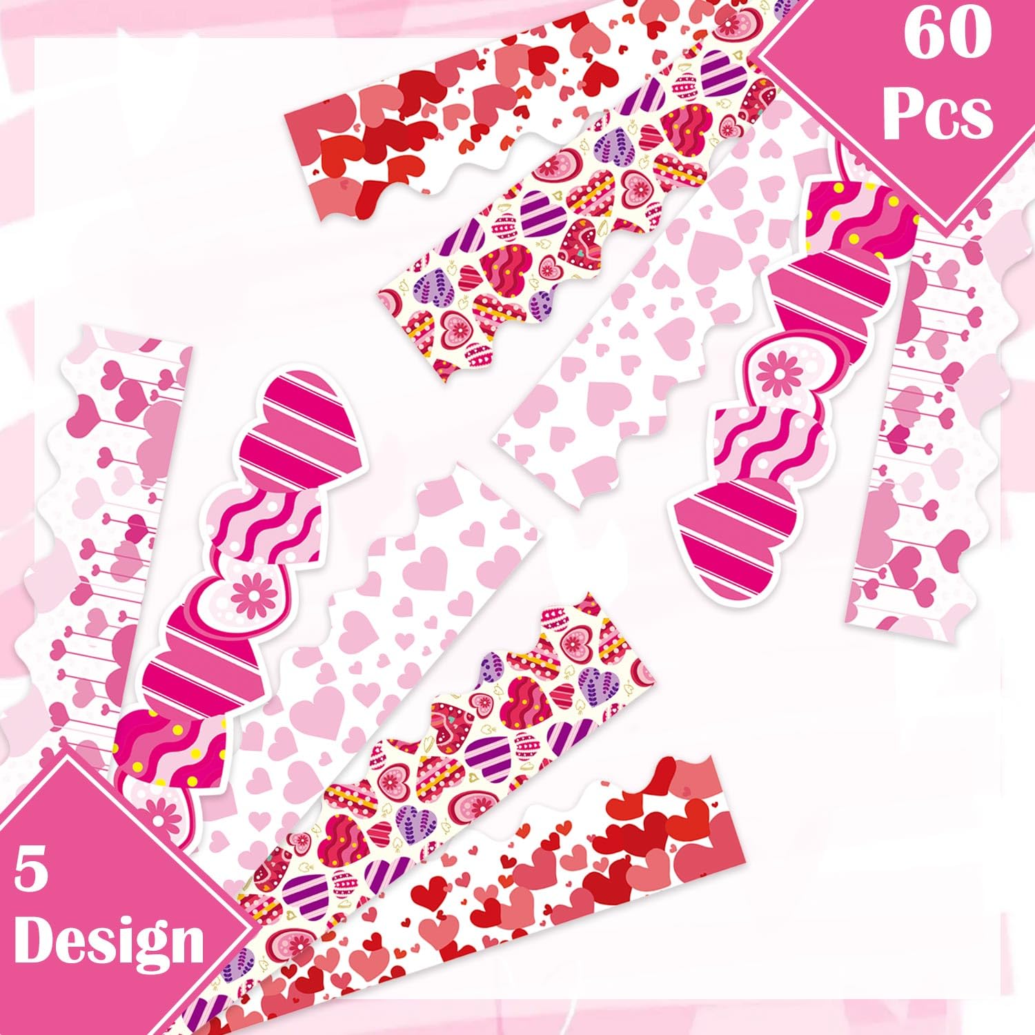 5 Style Mother’s Day Bulletin Board Borders 69Ft Borders Red Pink Sweet Heart Trim Border Die-Cut Heart Shape Decoration for School Classroom Office Party - Image 3