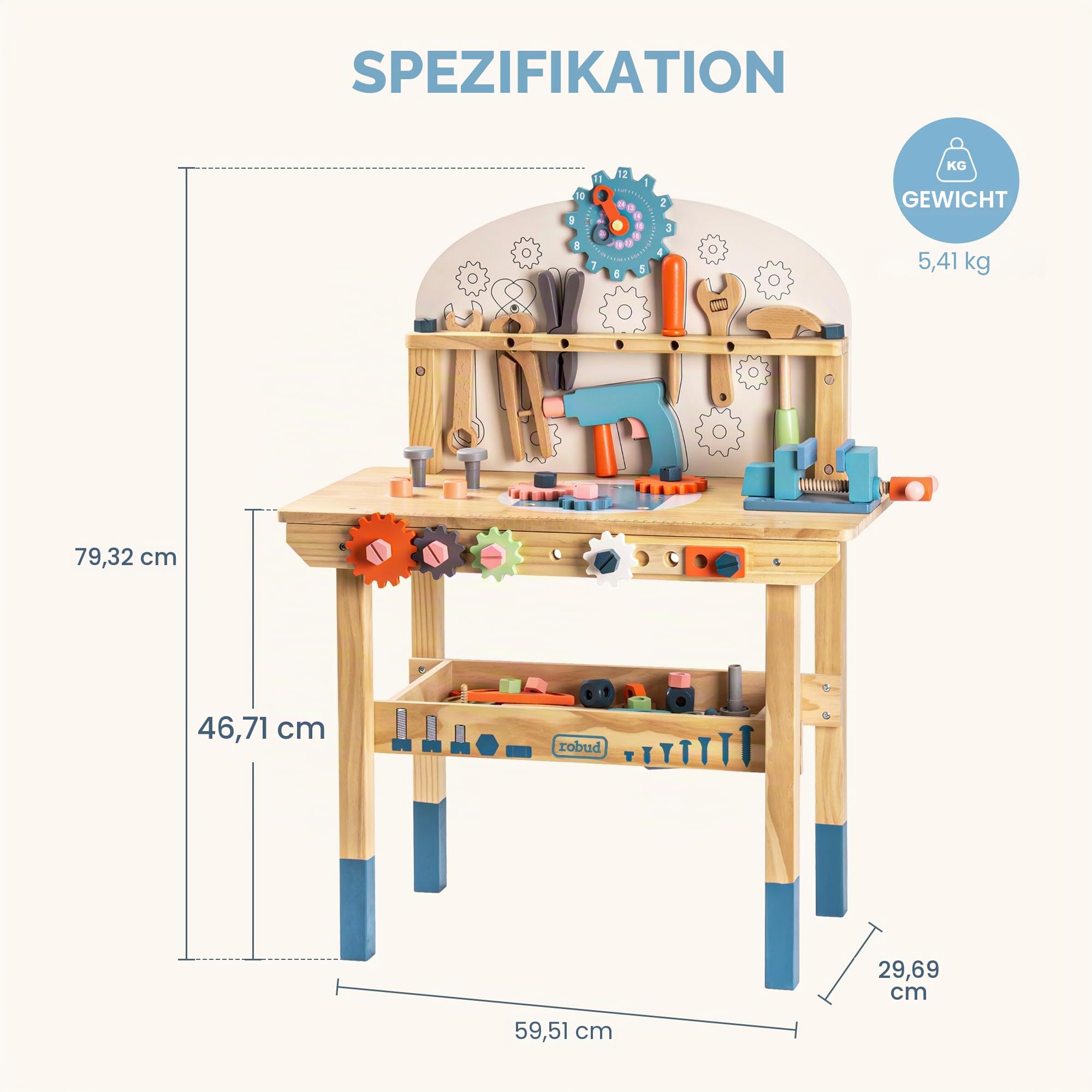 ROBUD Holz Werkbank für Kinder,Werkzeugbank Spielzeug, ab 3 4 5 6 7 Jahre