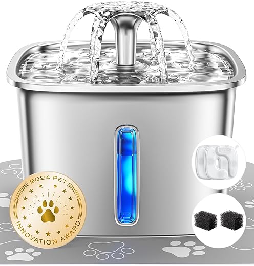 Veken Innovation Award Winner Stainless Steel Cat Water Fountain, 95oz/2.8L Automatic Pet...