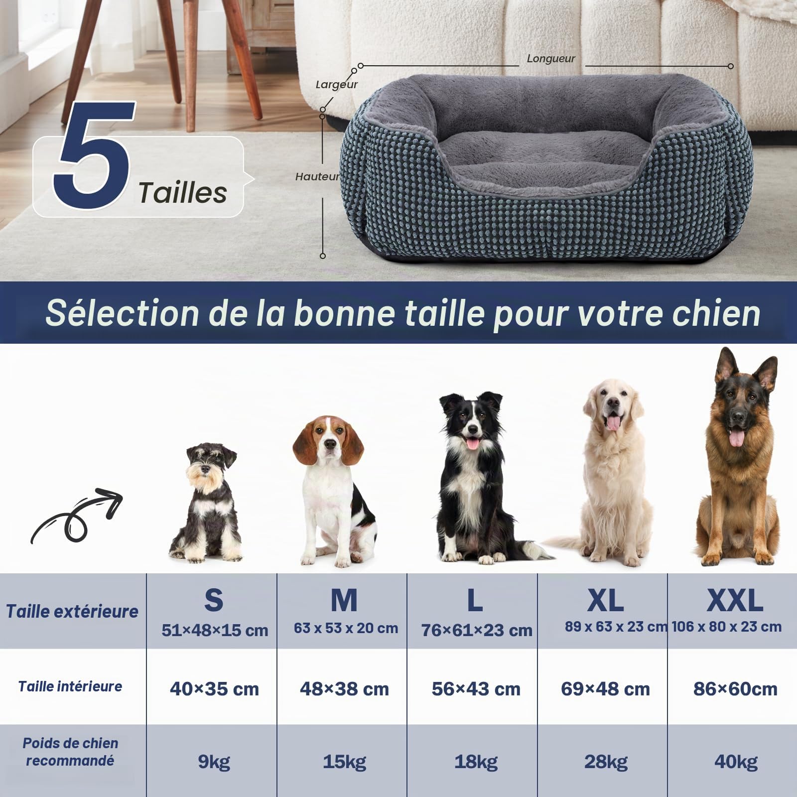 FURTIME Panier pour Chien Moyen Taille, Lit Chien Lavable Duveteux, Antidérapant Coussin Anti-anxiété pour Moyen Grande Chiens et Chats, 76x61x23cm