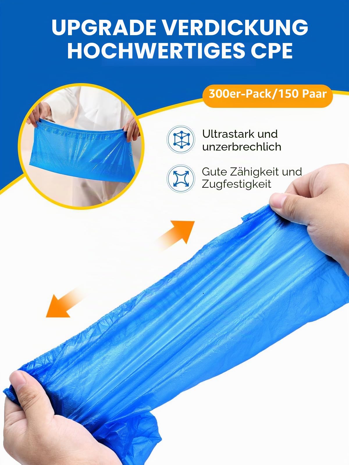 Schuhüberzieher Einweg Plastik Blau 300 Stück（150 Paar）：TOOSOFt Überzieher Schuhe Gross für Herren - Überschuhe Wasserdicht - CPE Überziehschuhe Rutschfest - Universalgröße Schuh Überzug Einmal
