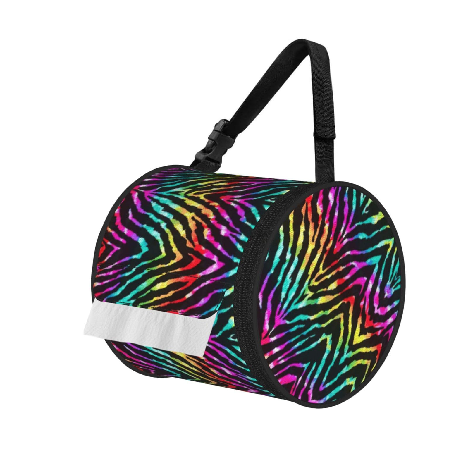 Colorful Rainbow Zebra Printed Hanging Tissue Organizer, Smooth Zipper Oxford Cloth Roll Holder for RV Bathroom Desk