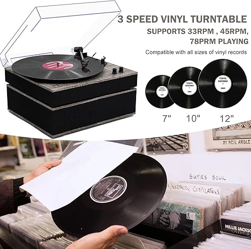 Miniatura 5 de MPK - Tocadiscos Bluetooth, sistema de alta fidelidad con altavoces de estantería, tocadiscos de vinilo de 3 velocidades con transmisión por correa