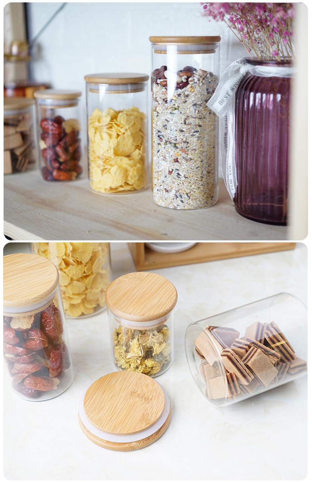 2 recipientes vacíos de vidrio transparente grueso para el hogar, cocina, almacenamiento de alimentos, ollas con tapas de madera herméticas, botellas herméticas para café, granos, té, azúcar, 7