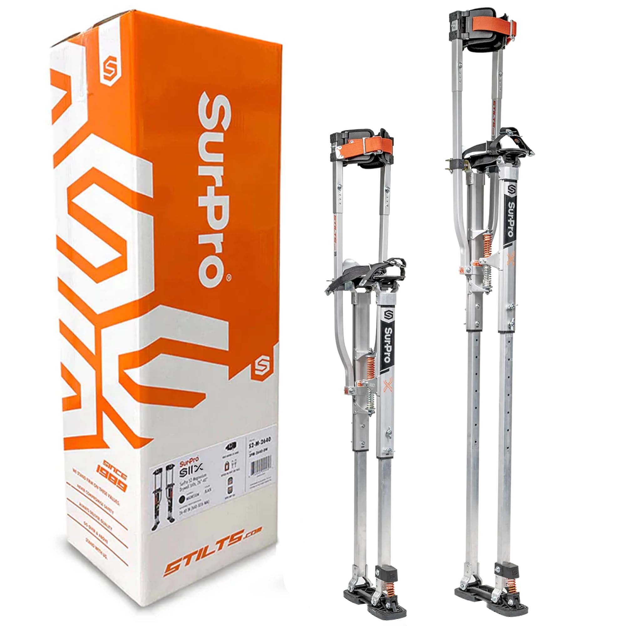 SurPro Double-Sided Drywall Stilts, Aluminum Base, 26” - 40” Height, QuadLock Contractor-Grade Stilts with Patented Flexion Foot System (S2X-A-2640)