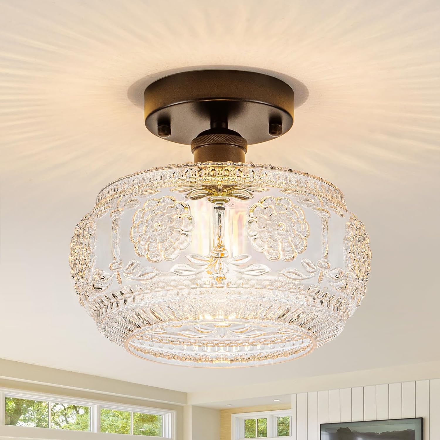 Semi Flush Mount Ceiling Light Fixture - Black Metal Base & Floral Glass Shade, Modern Vintage Lighting for Entryway, Bathroom, Kitchen, Bedroom (Bulb Not Included)