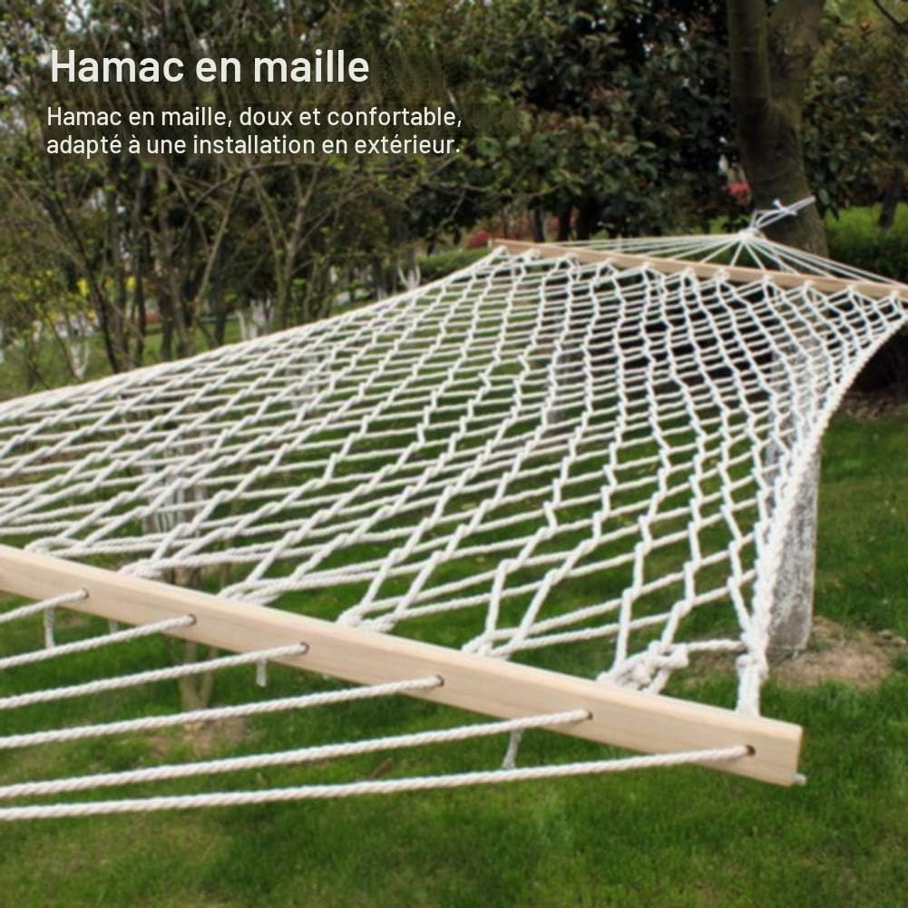 Hamac en Corde, Hamac en Portable de Jardin extérieur Hamacs en Corde de Coton tissé avec Barre d'écartement en Bois décoration de balançoire Suspendue pour Voyage,