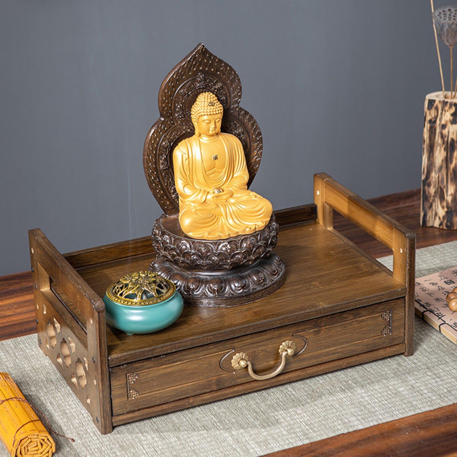 Petite étagère de prière bouddhiste en bambou avec tiroir pour rituel hindou Pooja