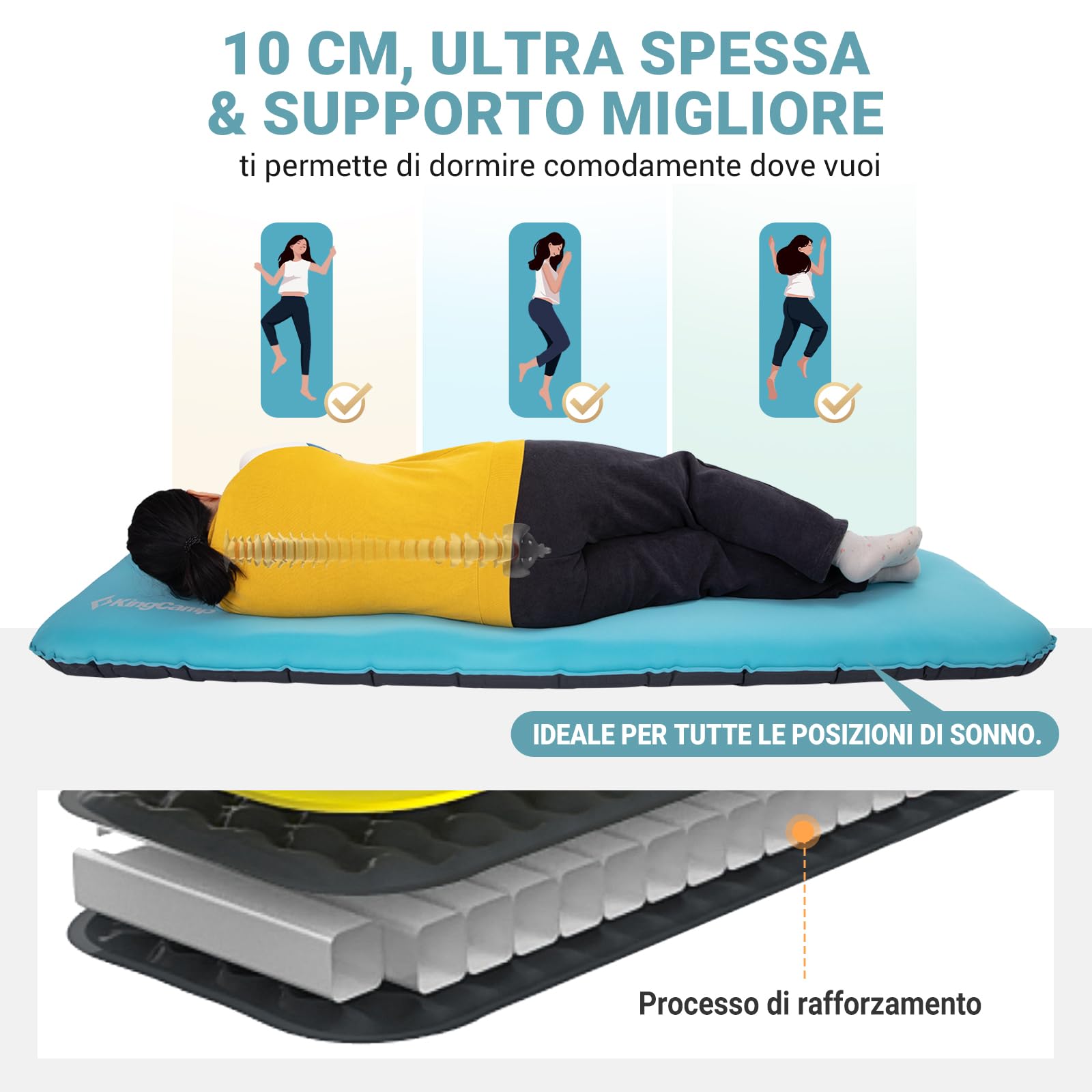 KingCamp Materassino gonfiabile da campeggio Memory Foam Materassino da campeggio singolo 10cm spessore Materassino gonfiabile morbido 50D TPU elastico impermeabile per escursioni zaino