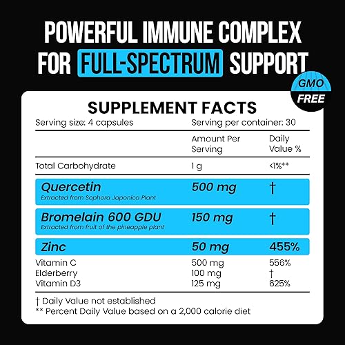 Miniatura 2 de Suplemento de quercetina de 500 mg con Sambucus saúco, bromelina, vitamina C, zinc 50 mg y vitamina D3 5000 UI - Antioxidante y apoyo a la salud
