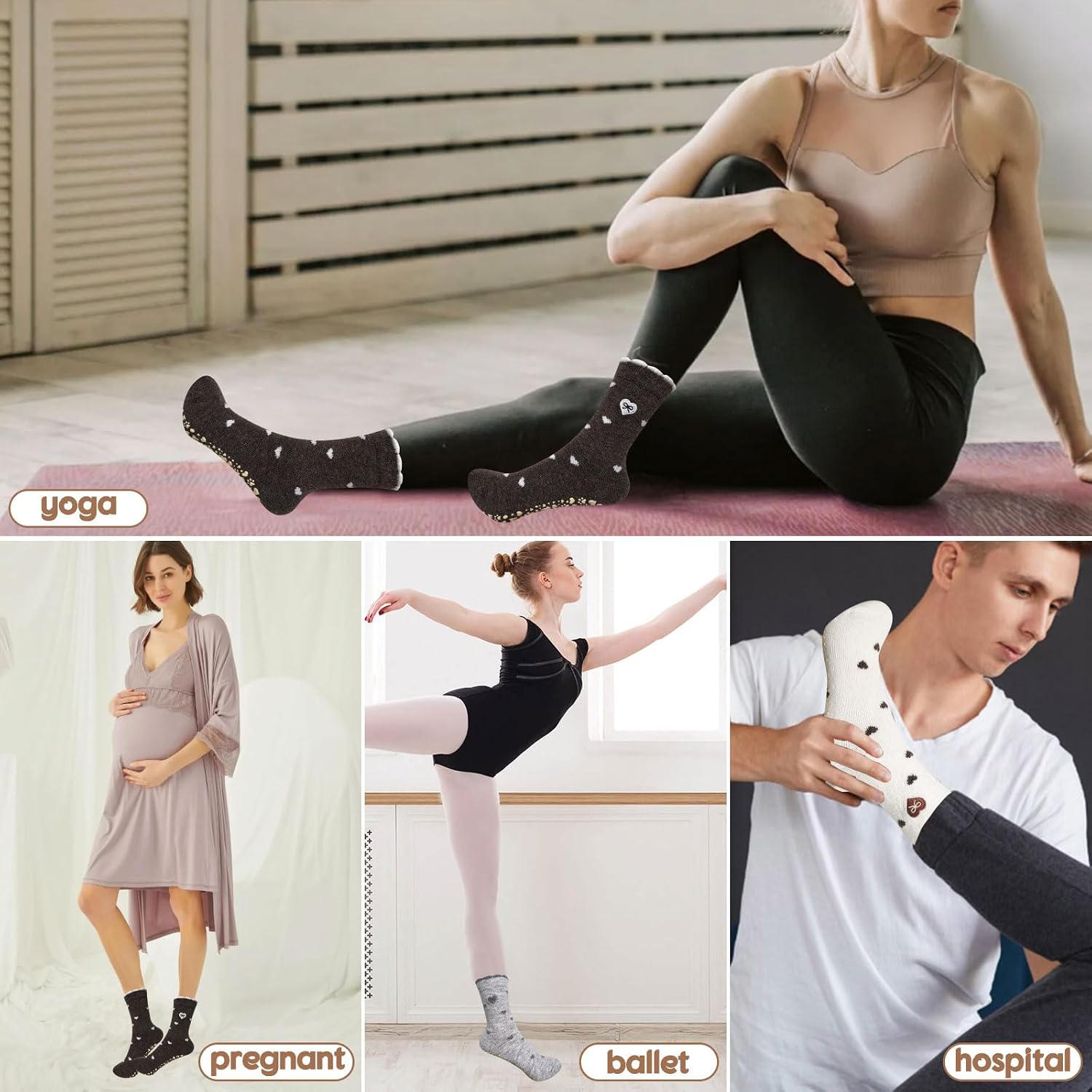 3 Pairs Cute Pilates Grip Socks for Women Ruffle Heart Polka Dot Non Slip Grip Socks for Yoga, Barre, Barefoot