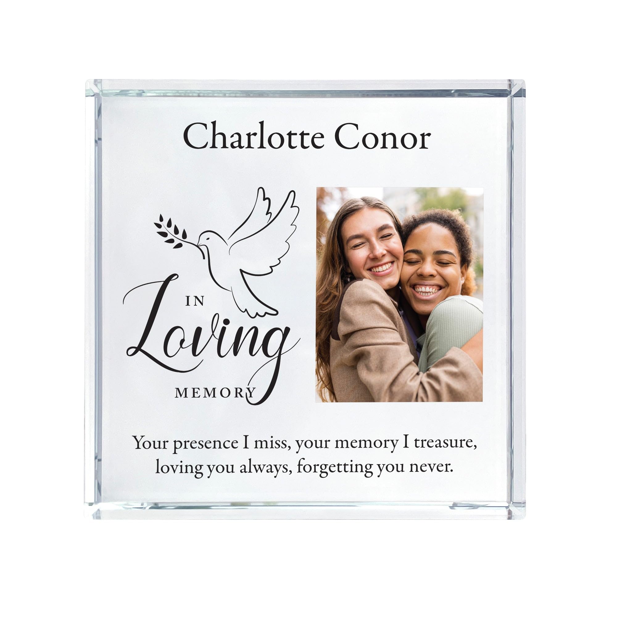 The Lovely Keepsake Company Personalised In Loving Memory Dove Photo Crystal Token - Custom Message | Sympathy Gift, Remembrance | 9x9x2cm