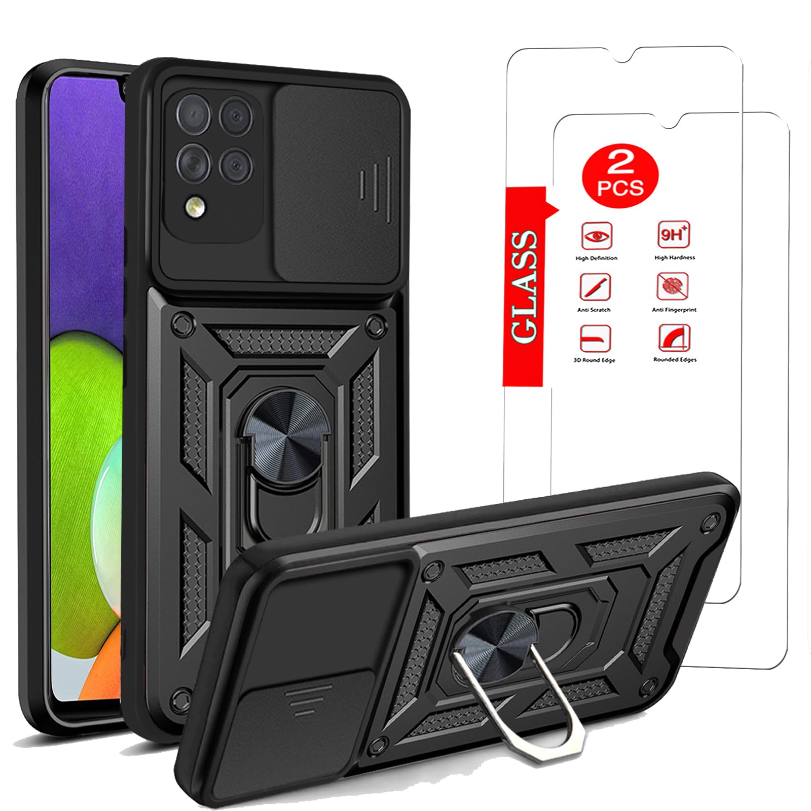 for Samsung Galaxy A22 4G / M22 Case with [2 Pack] Tempered Glass Screen Protector, for Galaxy A22 4G Heavy Duty Armor [Military-Grade] Protective,