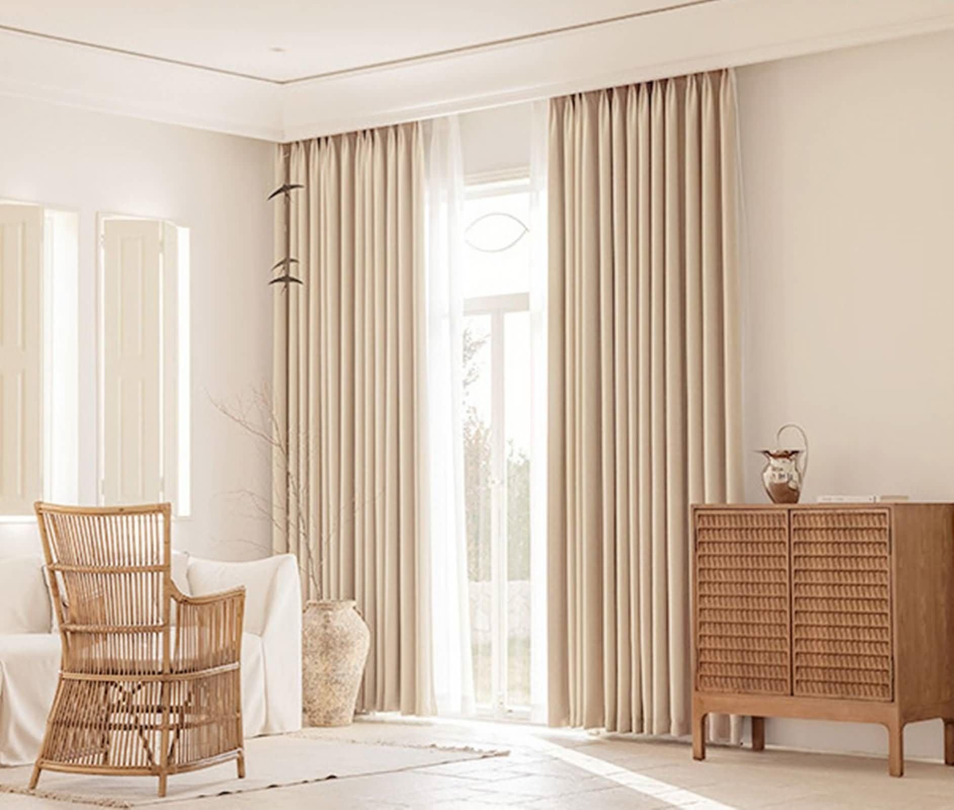 Rideau ultra occultant chenille haut de gamme beige jacquard végétal de luxe