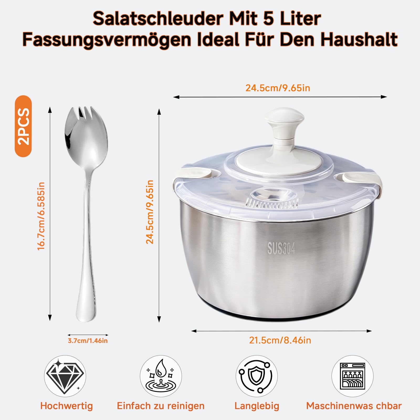 5L Salatschleuder Edelstahl Groß, 2 In 1 Hochwertige 304 Salad Spinner mit Deckel, Salatschleudern Kurbelantrieb mit Rutschfestem Boden & Wasserauslass, Salat Trockner für Frische Salate & GemüSe