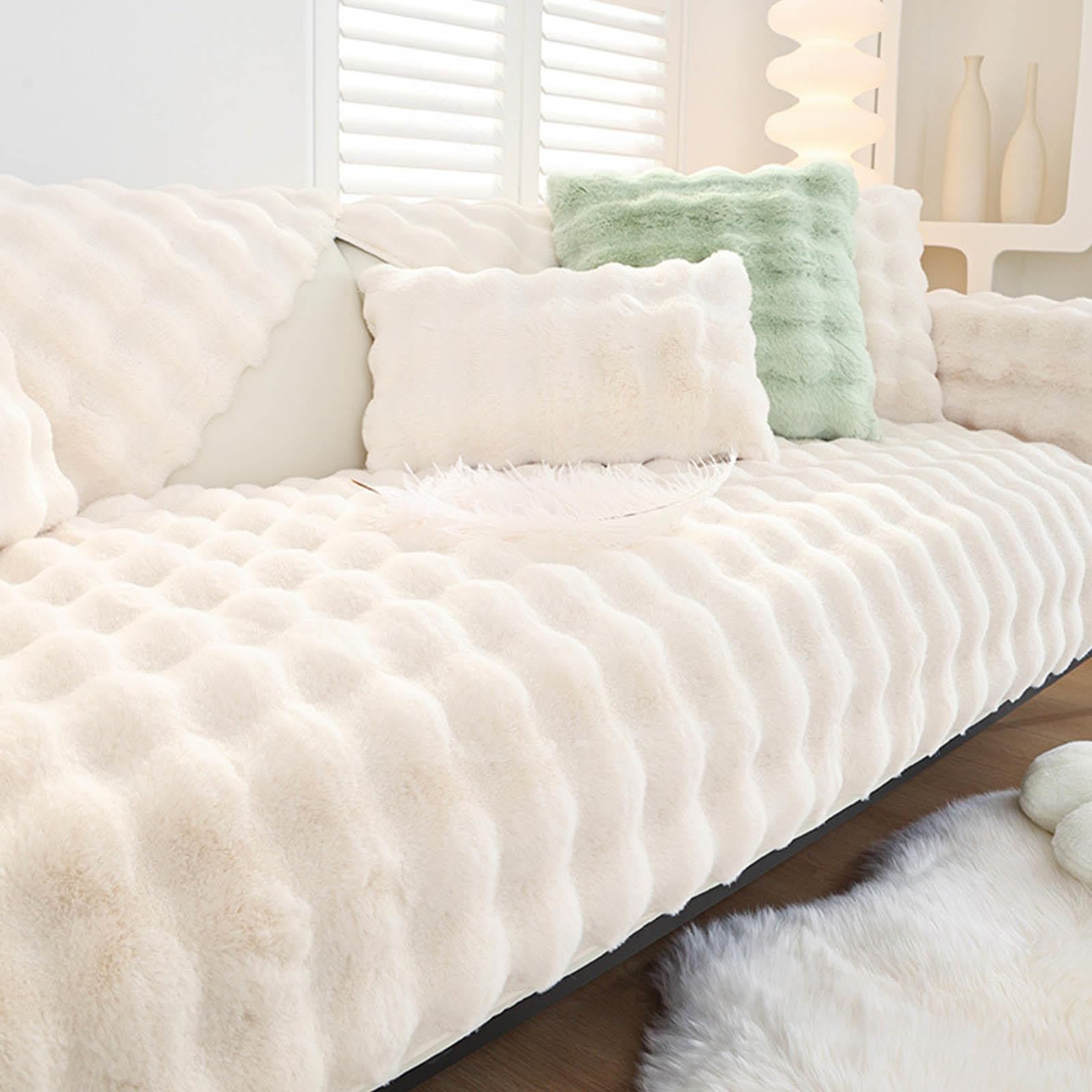 YSZBD Funny Fuzzy Corner Non Slip Sofa Cover 2/3/4/1 Seater Sofa Slipcovers I/l Shape Fluffy Thick Rabbit Plush Sofa Cushion Apply to Living Room Dogs Cat Pet,White-70x150cm