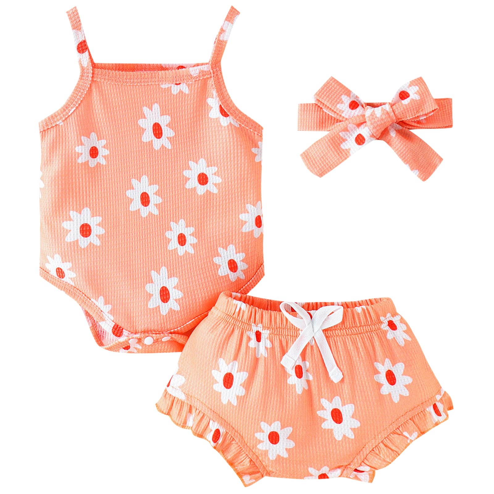 Kunyeah Conjunto de ropa de verano para bebé niña Mono con tirantes Daisy Shorts florales con diadema de lazo Mono para recién nacido