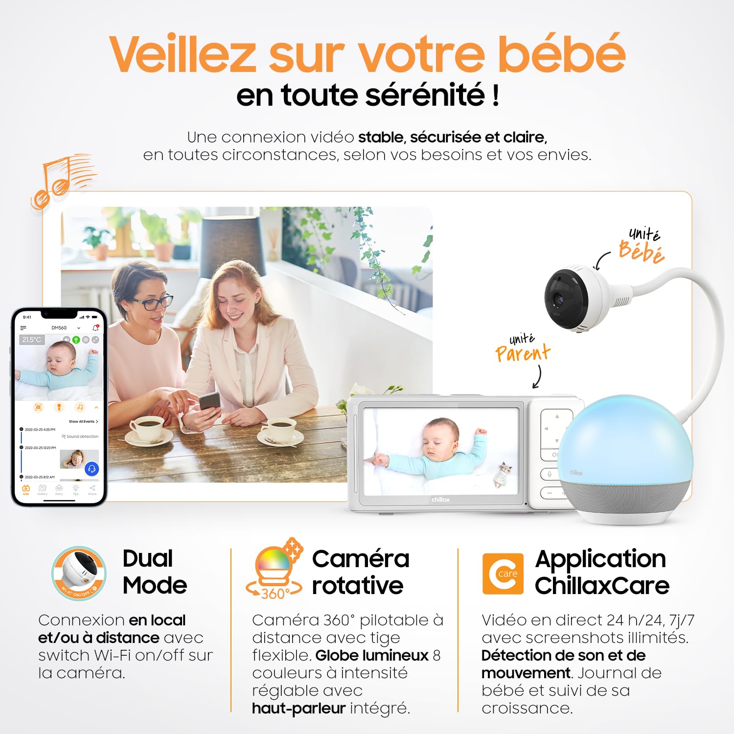 CHILLAX - Babyphone Camera Giraffe Mood Sleep Trainer - Écran LCD HD 5'' - Caméra 360° 1080p - Tige Flexible - Apprentissage du Sommeil & Veilleuse Multicolore - Talkie-Walkie - WiFi on/Off - App