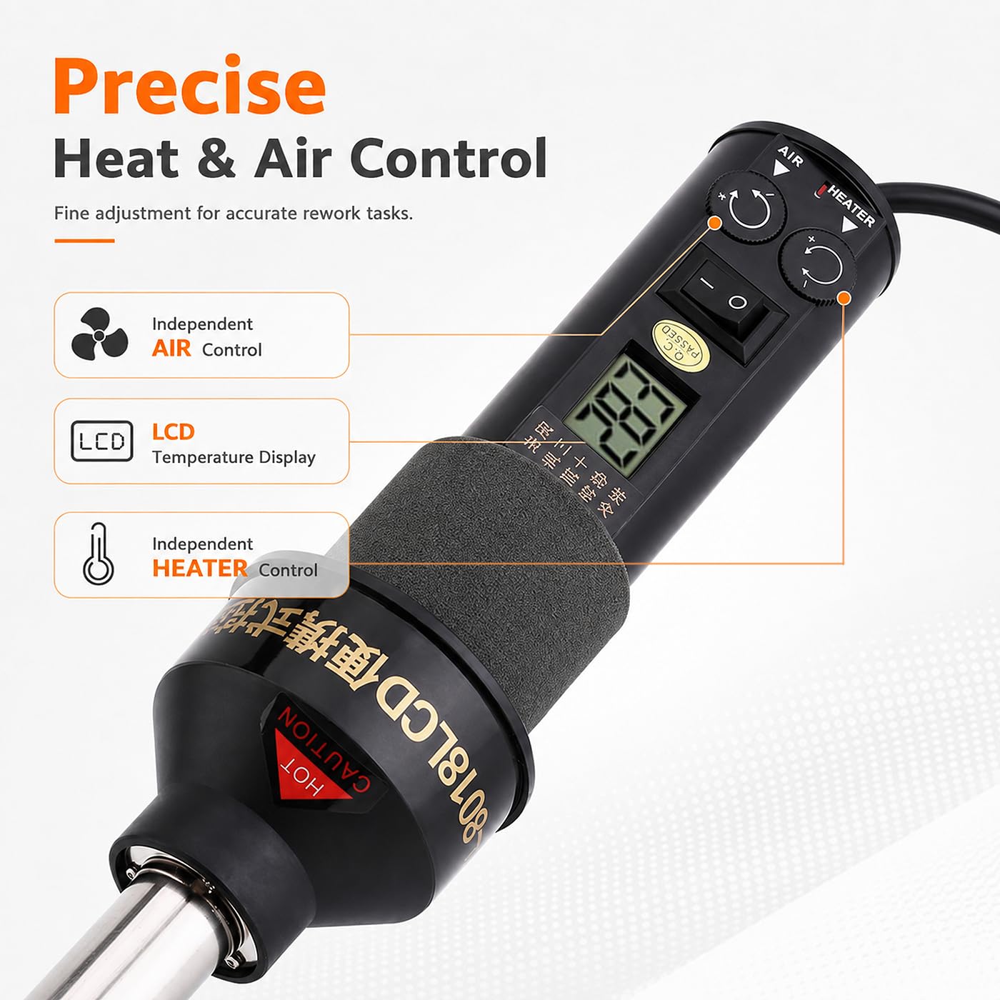 Pistola de Aire Caliente Portátil 450W, Temperatura + Flujo de Aire Ajustable Con Pantalla Digital de Soldadura Desoldadora Soplador de Aire Caliente, para Soldadura Heat Ic Smd Bga, Tubo Retráctil